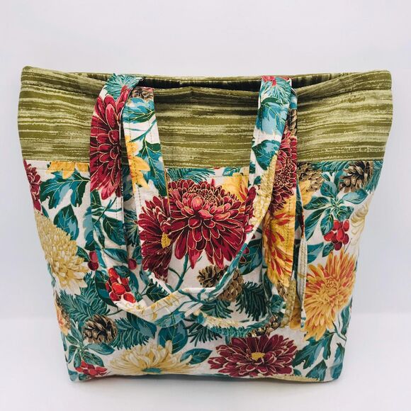 Basic Lizbet Library Market Tote, Metallic Fall Floral 12x13.5x3" With Pockets - Picture 2 of 6